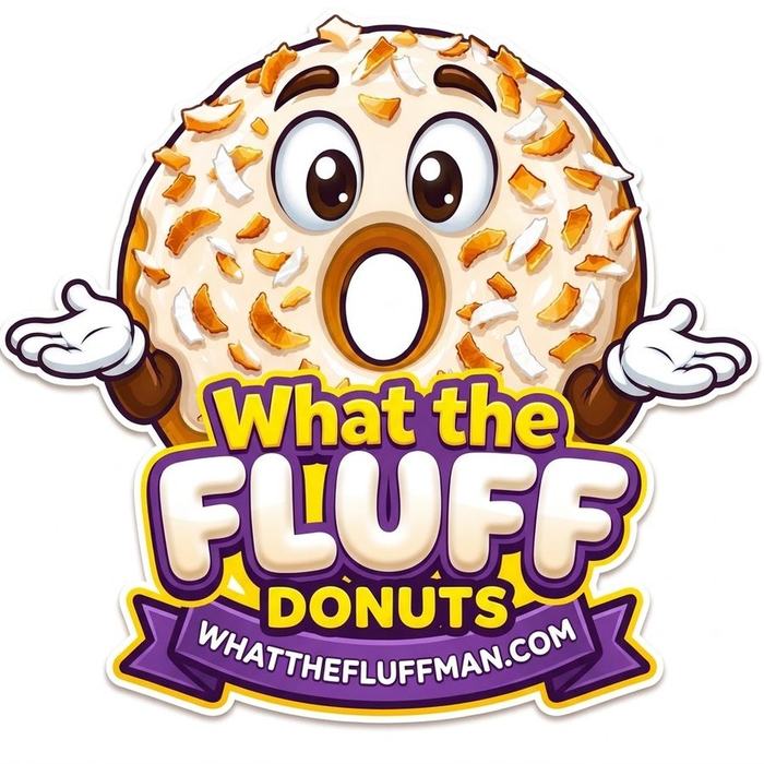 What The Fluff Man mascot — a coconut donut character shrugging with a smile
